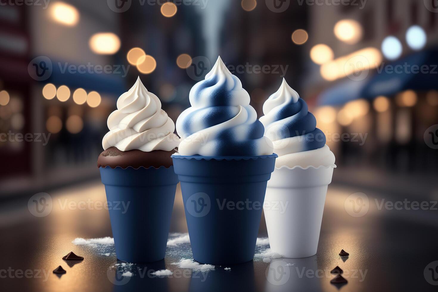 Chocolat vanille la glace crème cône les publicités avec la glace cubes et flocons de neige ai généré photo