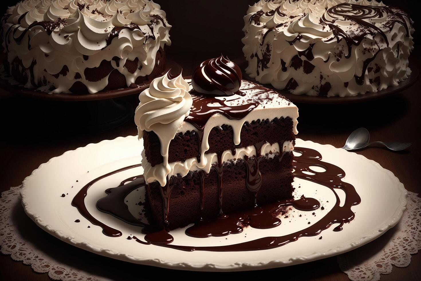 Chocolat gâteau avec Chocolat sirop et fouetté crème ai généré photo