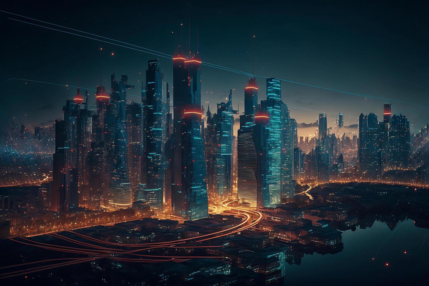 nuit ville cyber punk paysage concept. lumière embrasé sur foncé scène. nuit vie. La technologie réseau pour 5g. au-delà génération et futuriste de science-fiction Capitale ville et bâtiment scène. génératif ai. photo