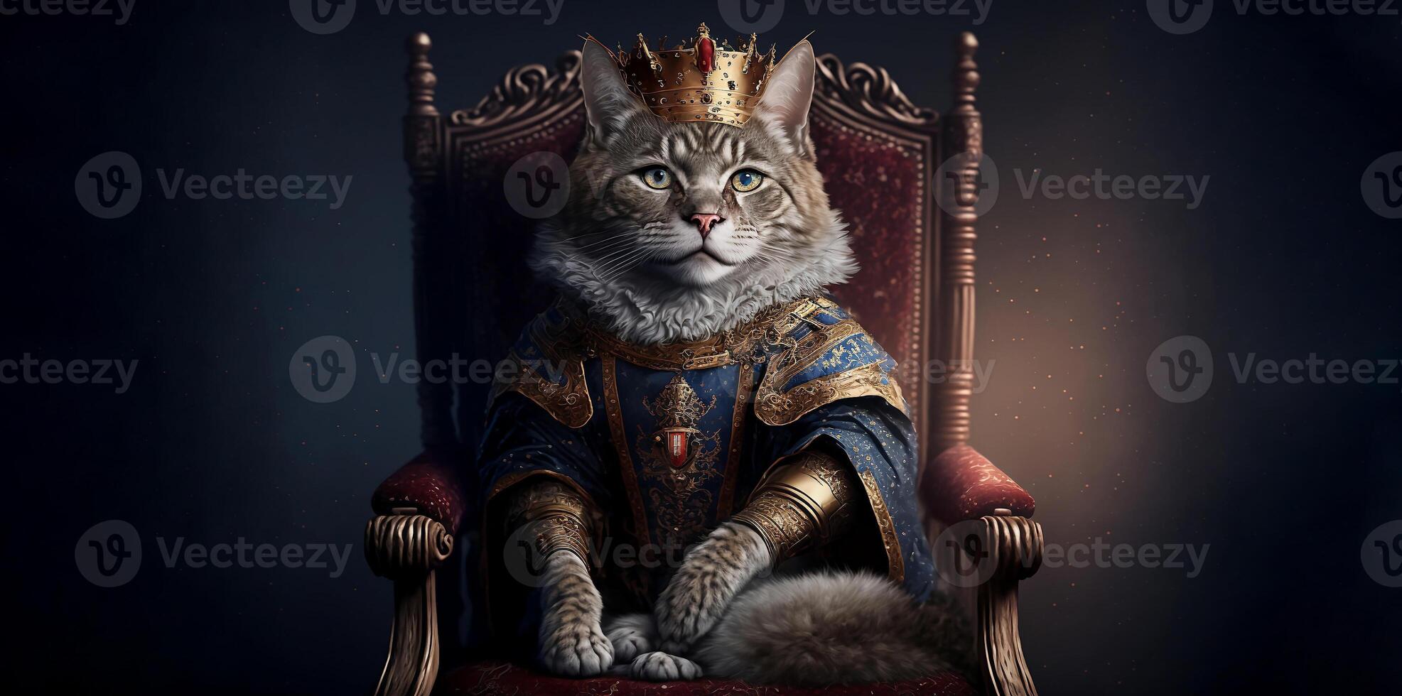 le Royal chat avec luxe robe costume. proche en haut portrait Roi chat avec trône et couronne. génératif ai. photo