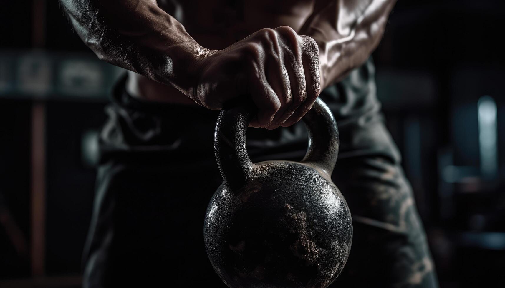 fermer photo de le athlète Faire kettlebell oscillations avec une kettlebell dans main. génératif ai