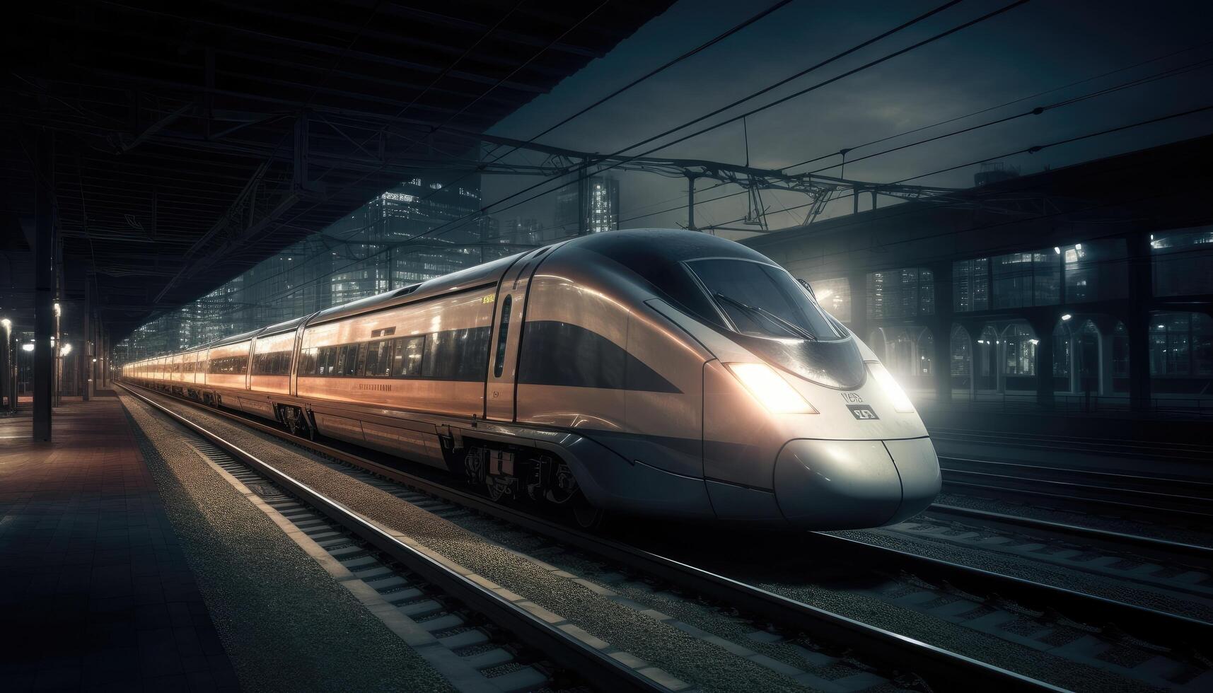 photo de moderne haute la vitesse train qui passe par le ville à nuit. génératif ai