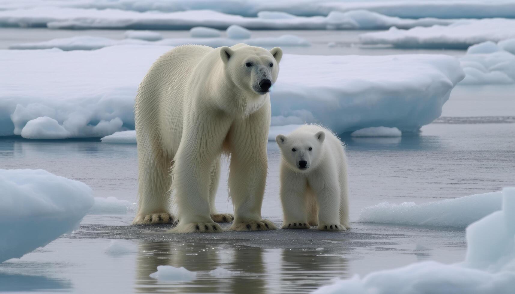 photographier de une polaire ours et ses lionceau, lequel a été la gauche dans le milieu de le glaciers comme le la glace fondu. génératif ai photo