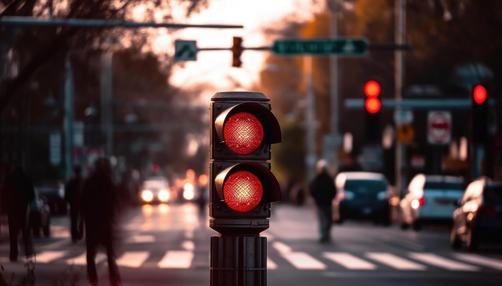 ville piéton traversée avec une rouge lumière, défocalisé et flou rue Contexte. génératif ai photo