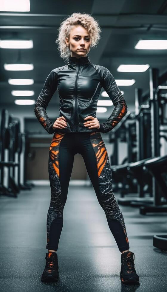 musclé bodybuilder femelle athlète démontre sa corps dans le salle de sport. génératif ai photo