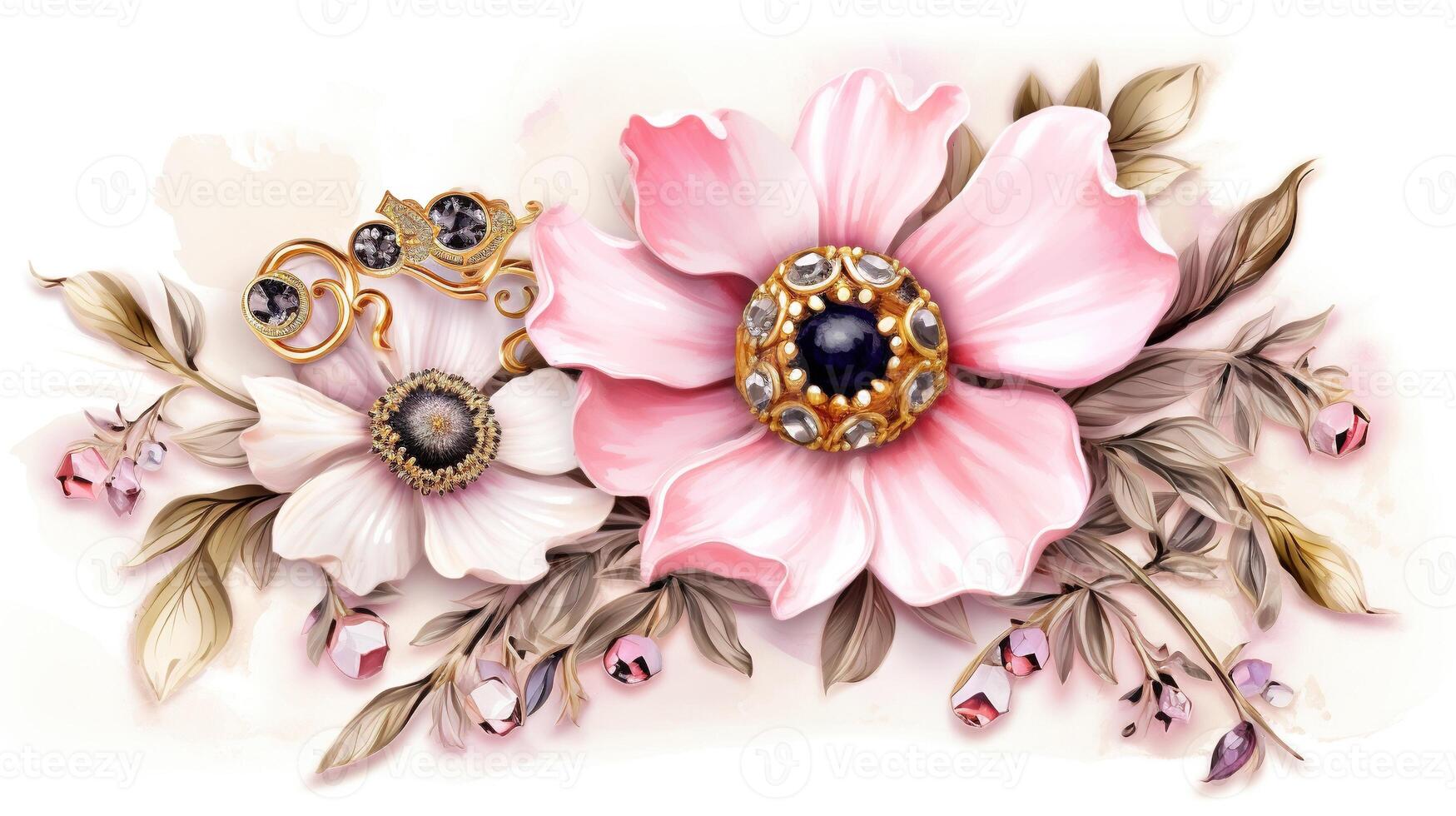 génératif ai, magnifique lumière rose fleurs broche, opale pierre et d'or Couleur palette isolé sur blanc Contexte. bijouterie, bijoux proche en haut photo