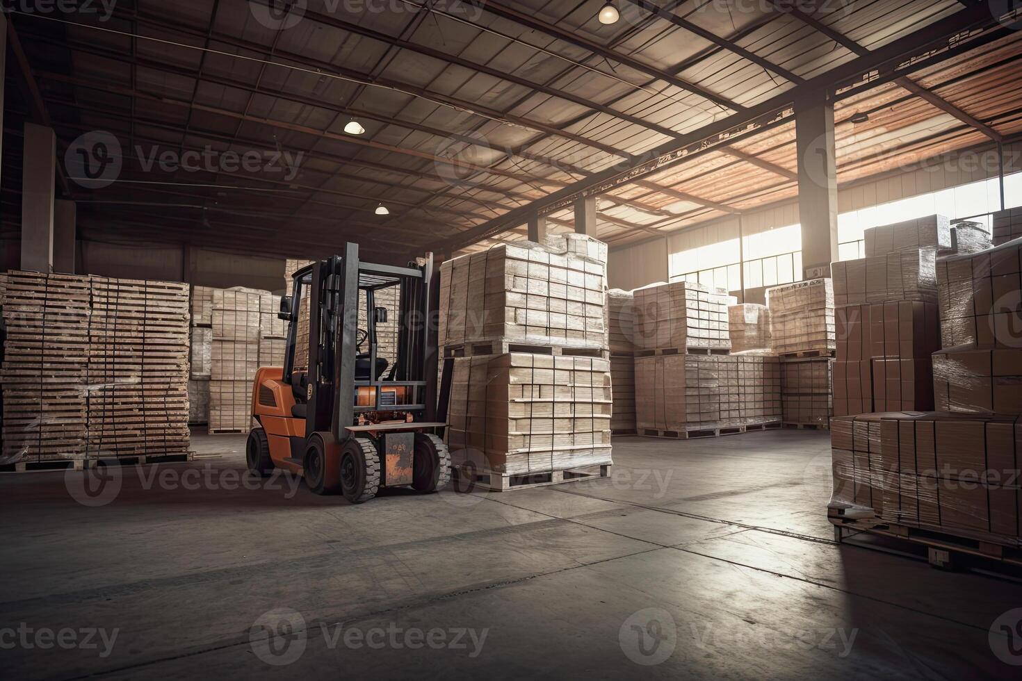 chariot élévateur pour chargement palettes avec paquets dans entrepôt intérieur. génératif ai photo