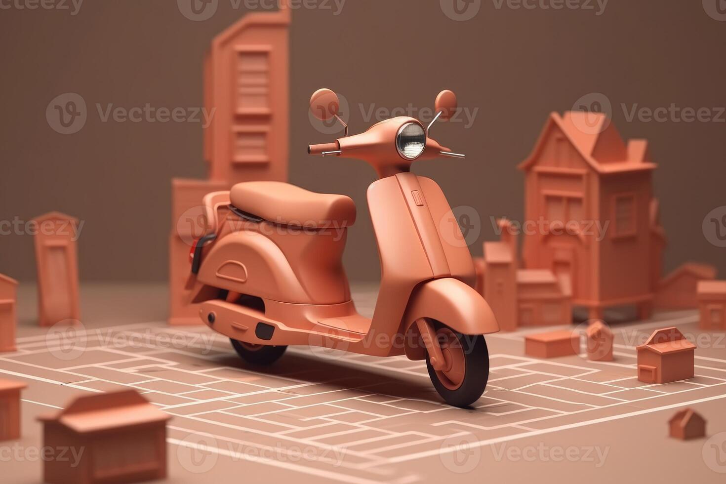 commerce électronique concept, livraison un service dans mobile application, transport ou livraison par scooter, 3d rendre. génératif ai photo