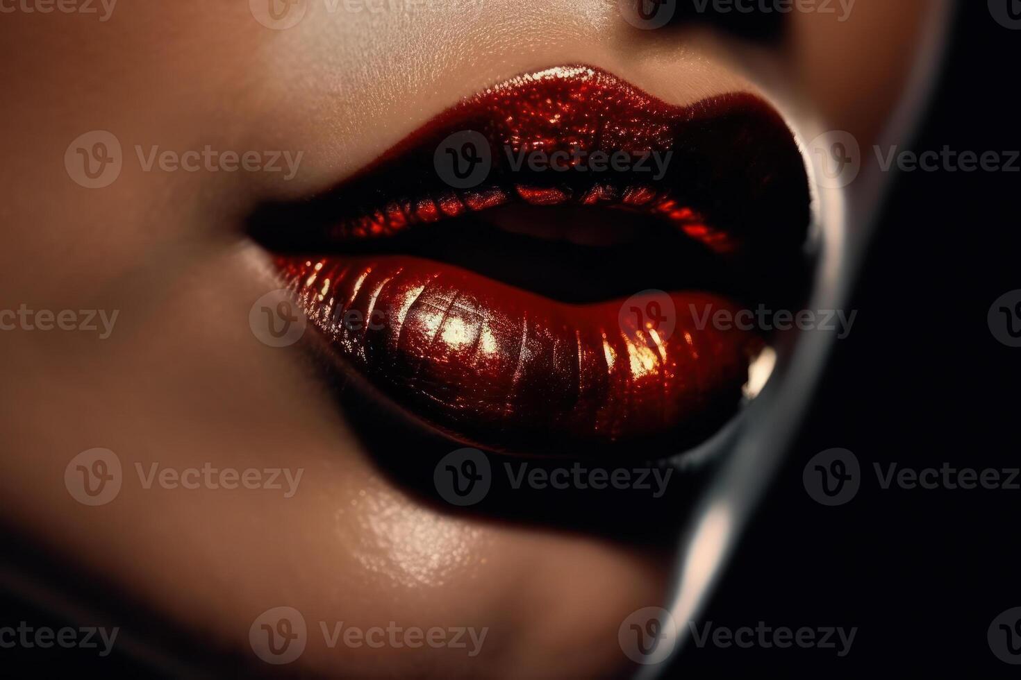 doux foncé rouge brillant peint gros lèvres femme génératif ai photo