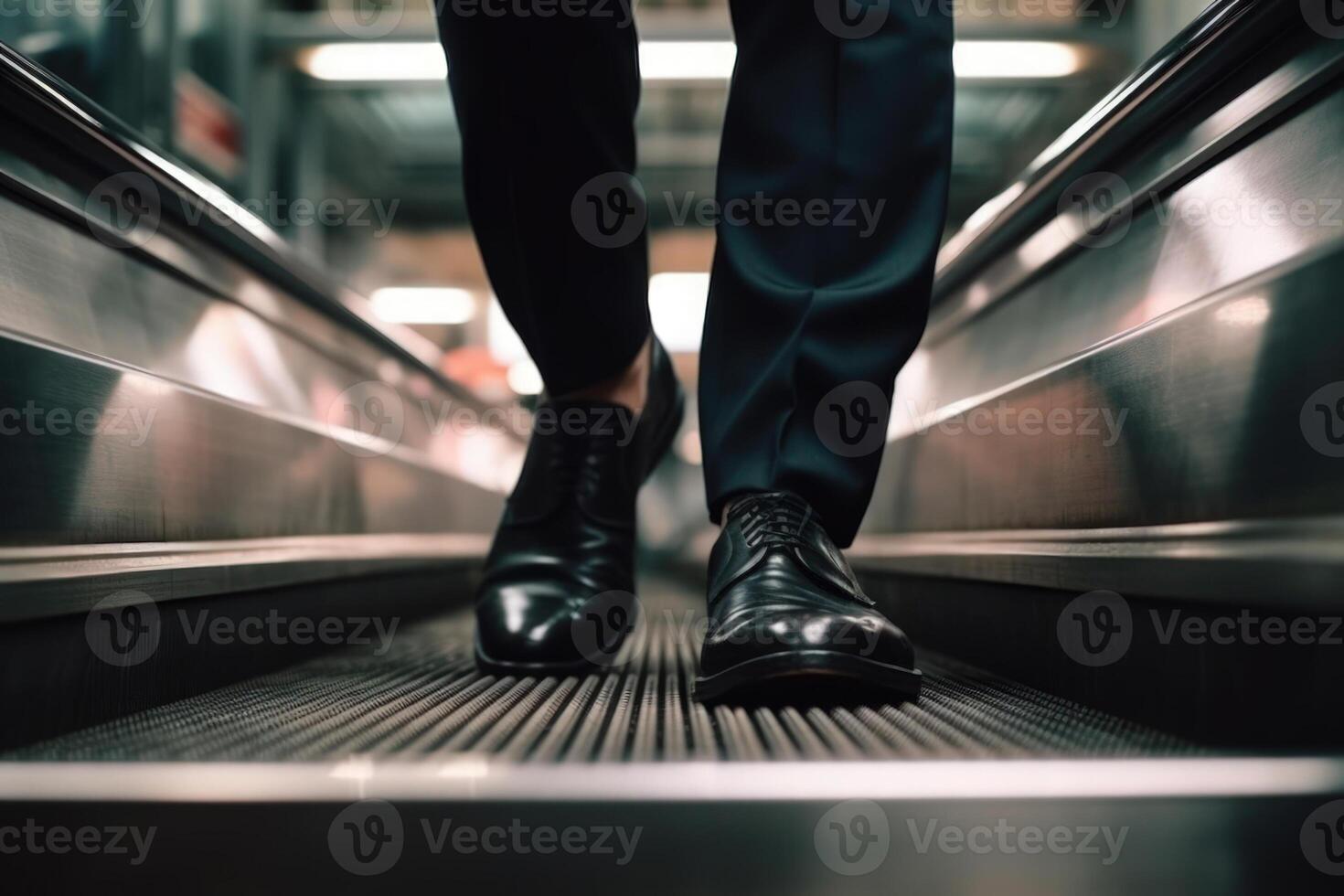 homme d'affaire jambes dans une costume et des chaussures vers le bas steir le escalier mécanique achats centre génératif ai photo