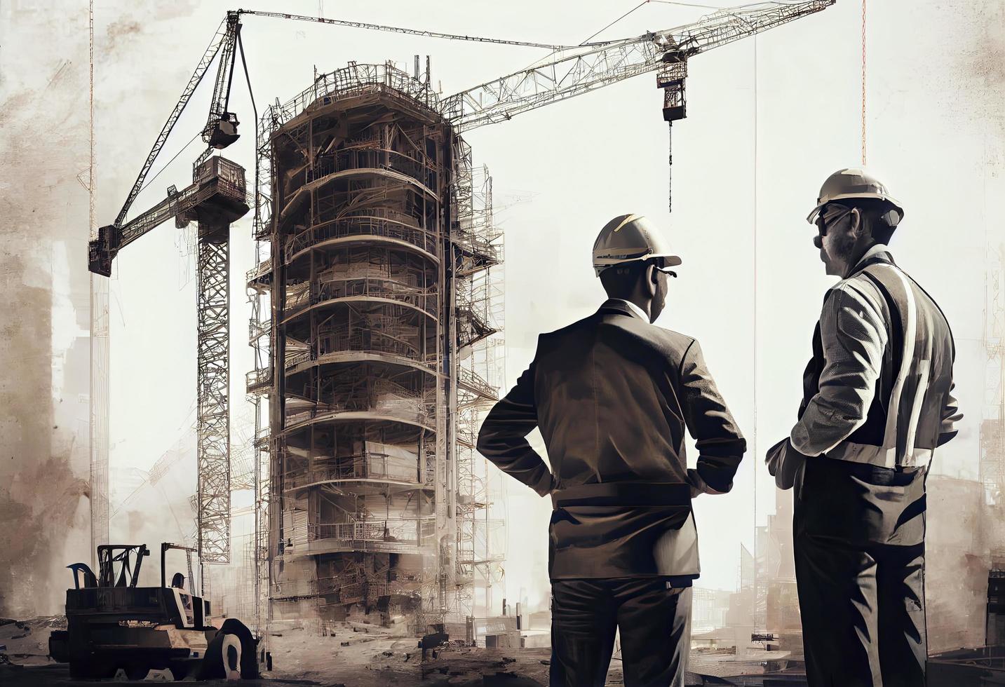 discussion de travail par une civil ingénieur avec un architecte à une construction site contre le toile de fond de une la tour grue et une haute monter bâtiment en dessous de construction photo