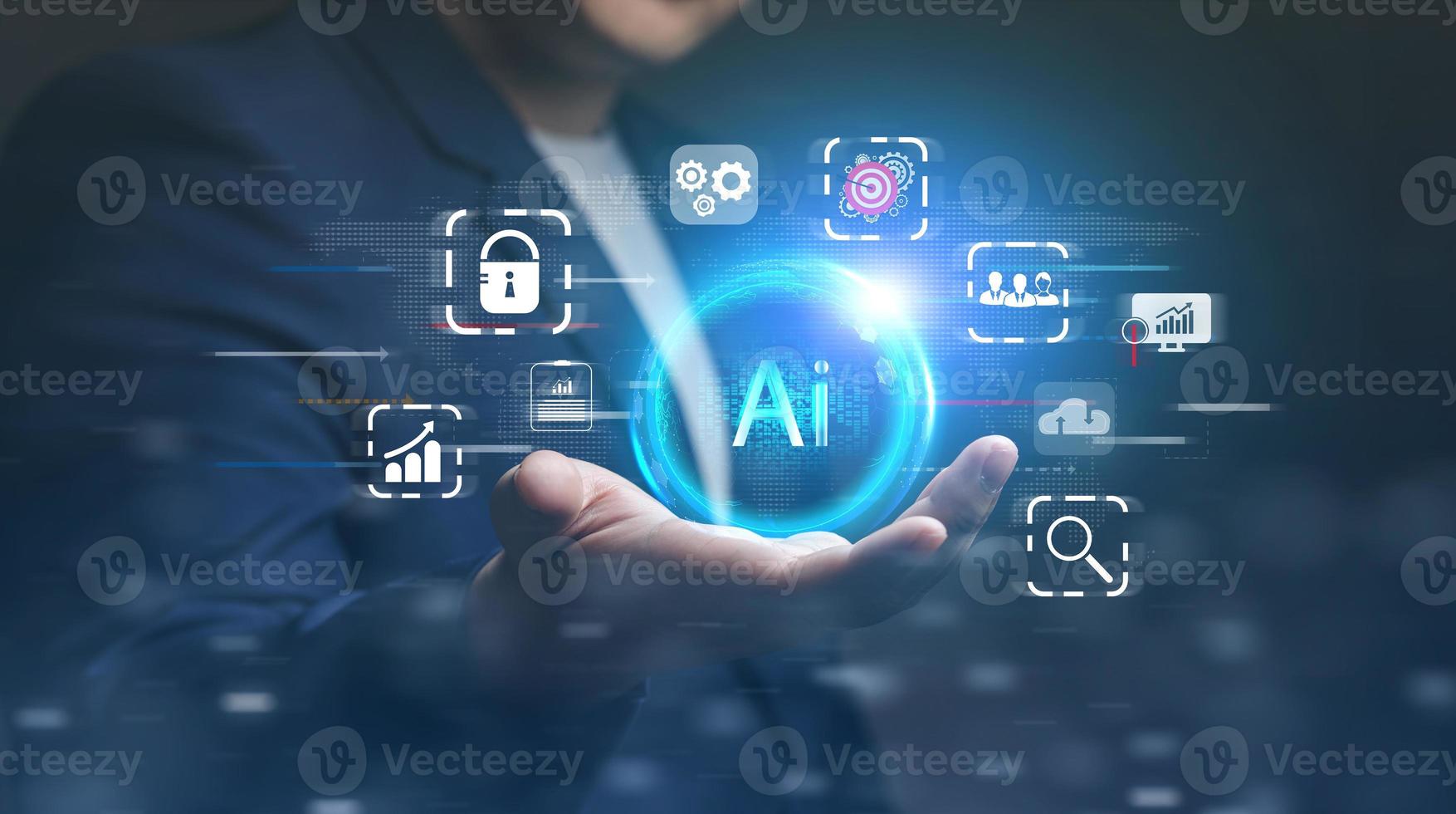 ai technologie, artificiel intelligence. affaires gens spectacle virtuel travail la gestion système une analyse résultats rapport par en utilisant Les données de une global réseau à processus. photo