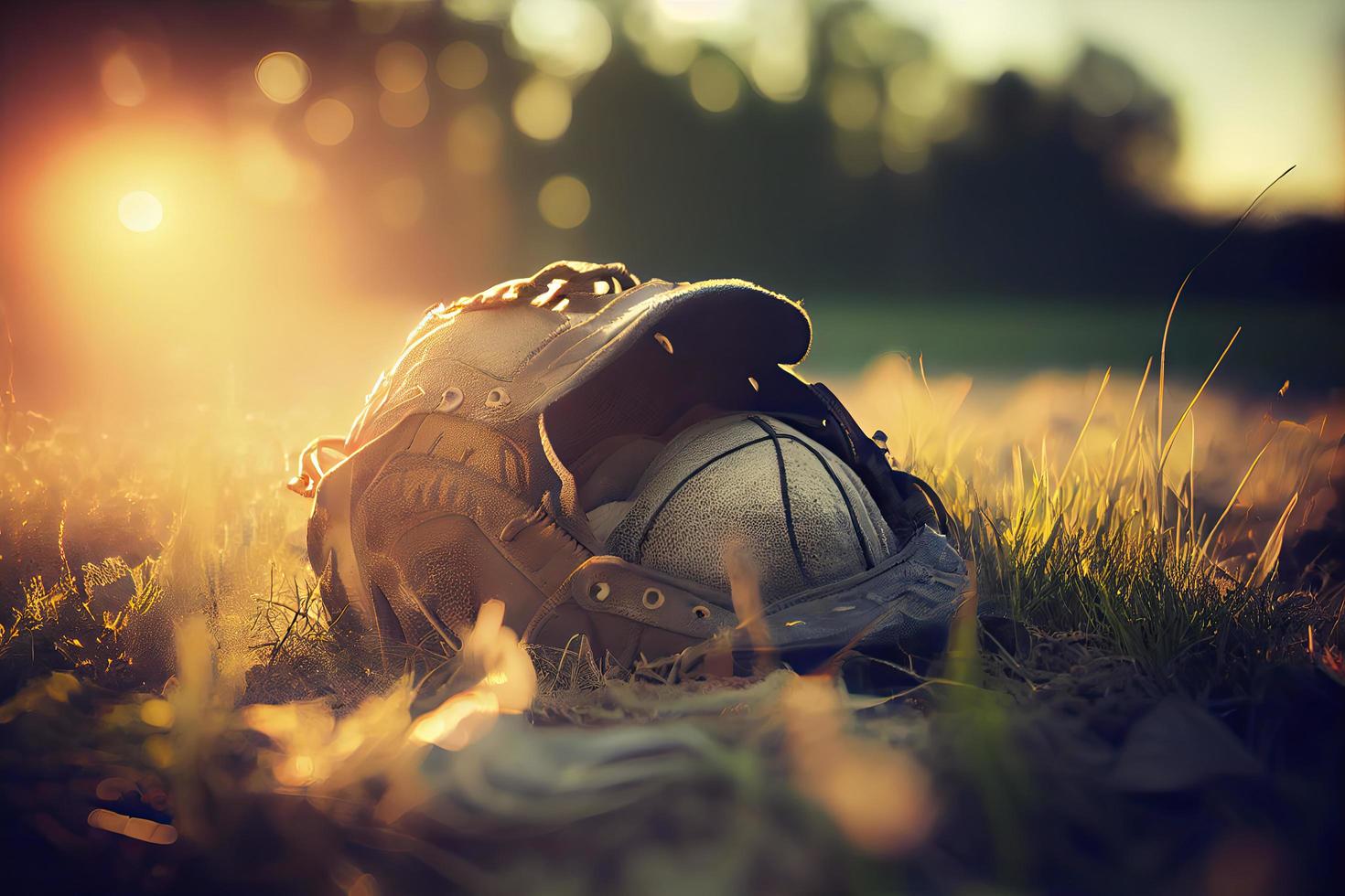 base-ball dans gant dans le pelouse à le coucher du soleil dans le soir journée avec Soleil rayon et lentille éclater lumière photo