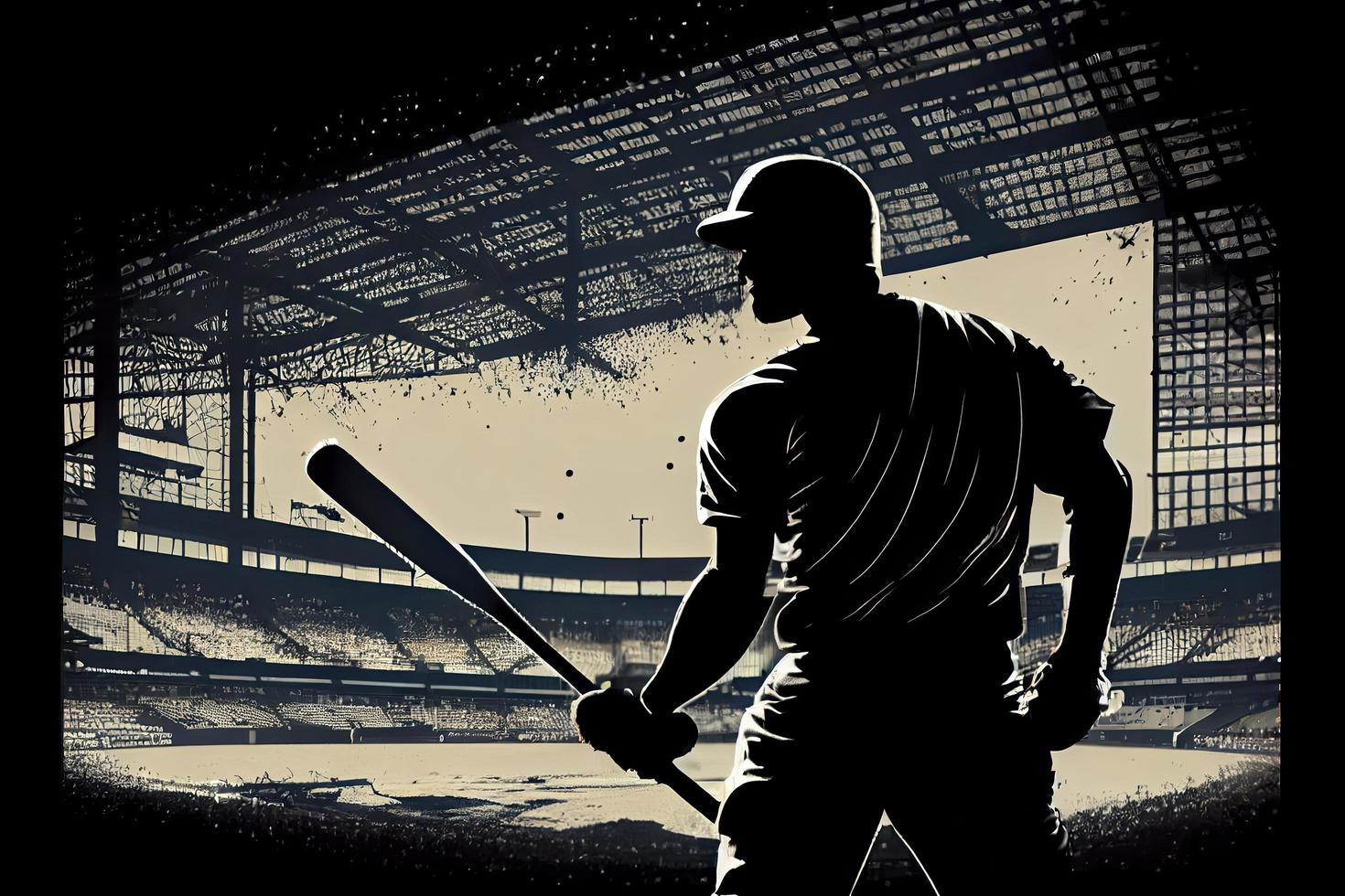 silhouette, le image de une base-ball joueur avec une chauve souris sur le Contexte de le stade photo