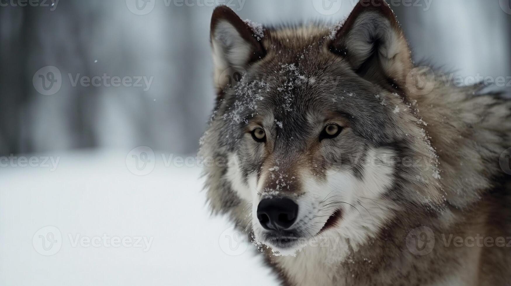 proche en haut de une Loup avec neige Contexte. animal Royaume concept photo