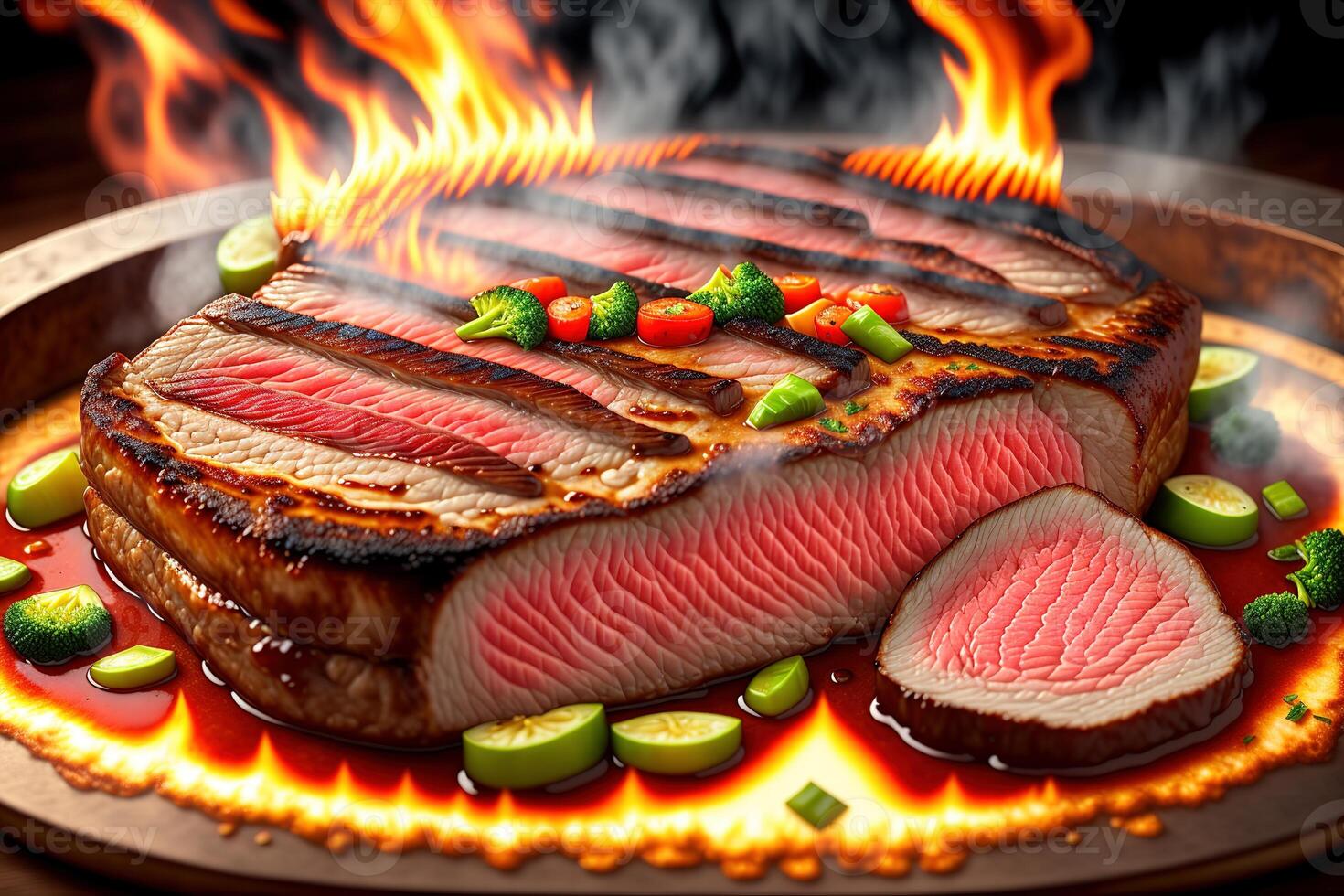 grillé du boeuf steak avec légume sur le flamboyant gril par ai généré photo