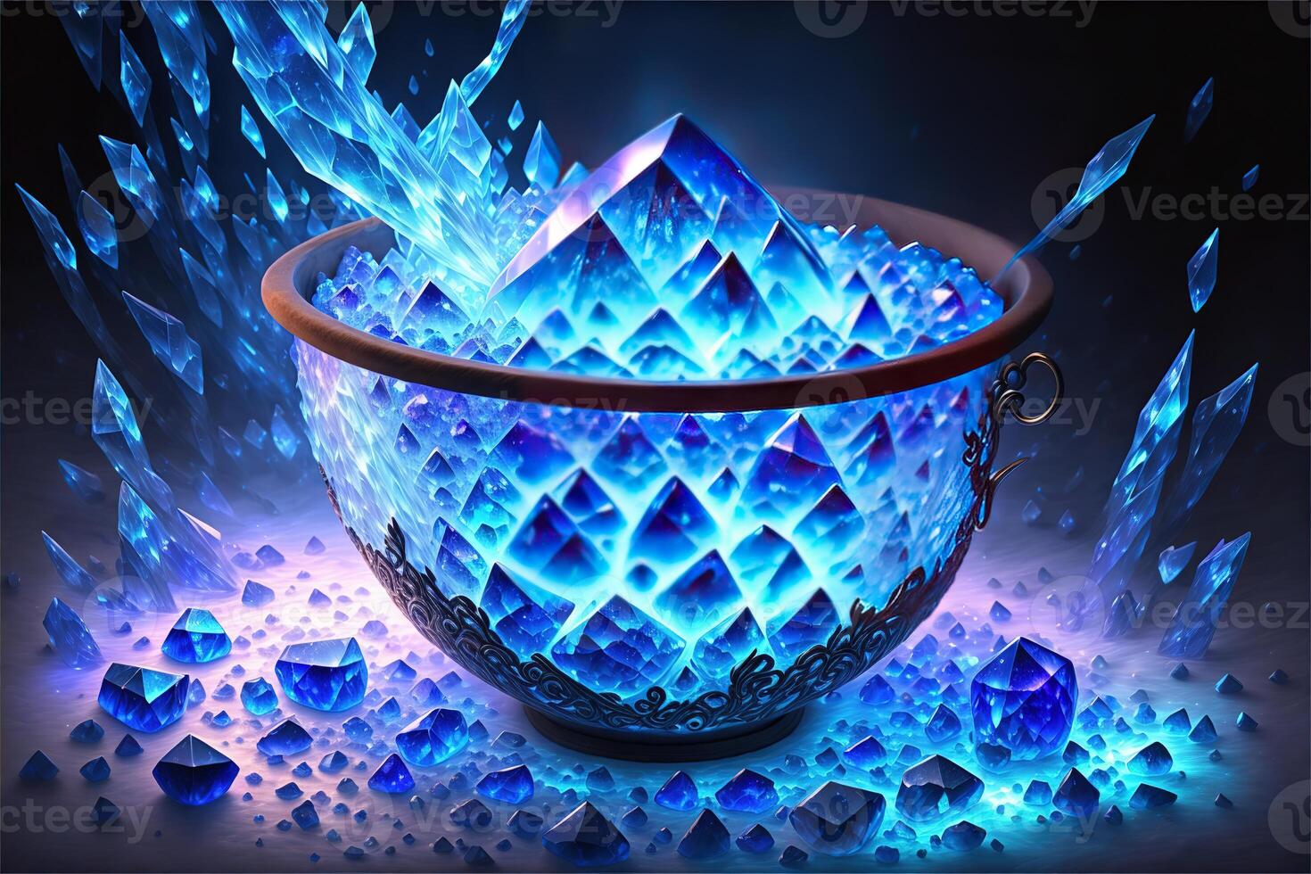 chaudron fabriqué de cristaux, Profond bleu vers le bas éclairage ai généré photo