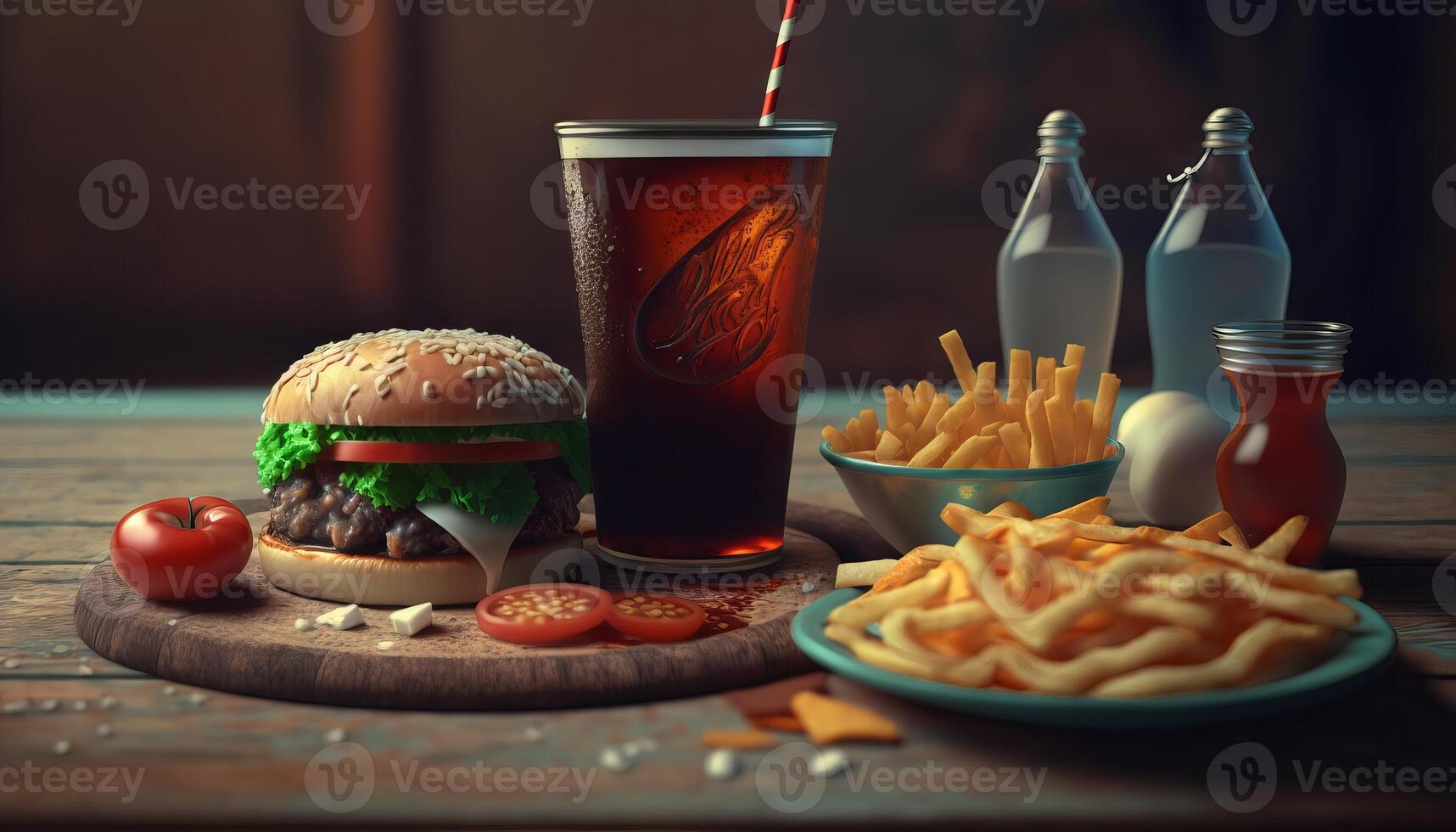 vite nourriture et mauvais pour la santé en mangeant concept - proche en haut de vite nourriture collations et Cola boisson sur en bois tableau. génératif ai photo