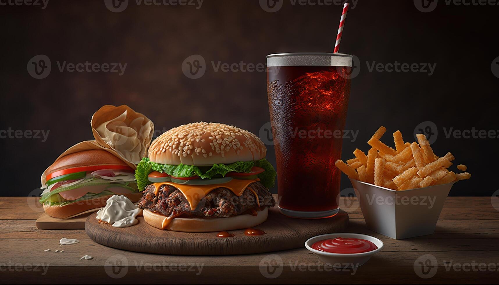 vite nourriture et mauvais pour la santé en mangeant concept - proche en haut de vite nourriture collations et Cola boisson sur en bois tableau. génératif ai photo