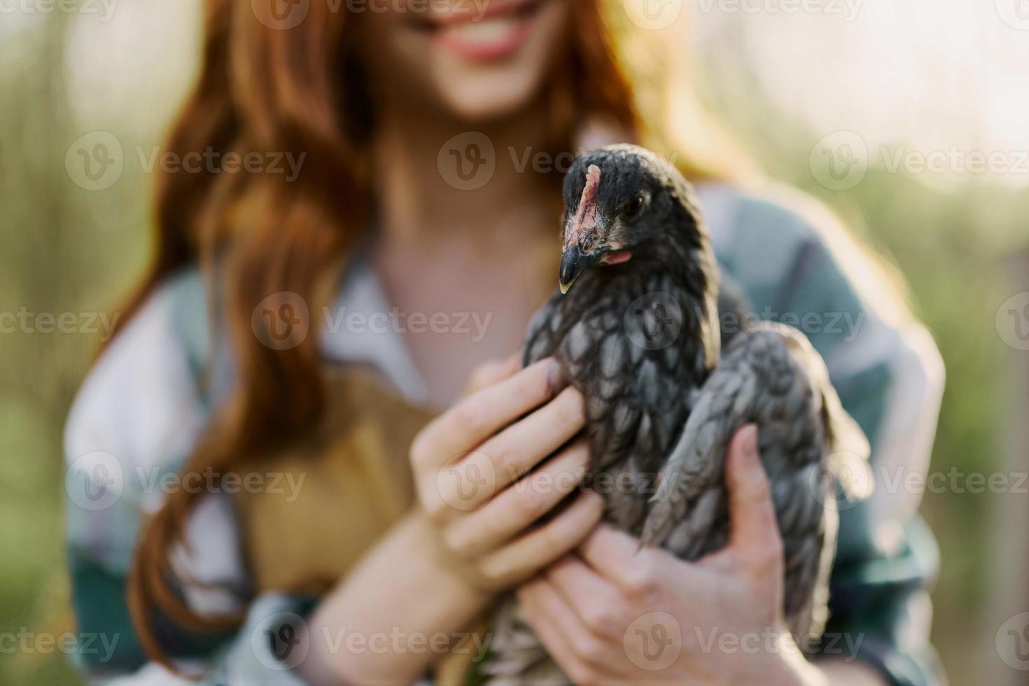 une Jeune femme agriculteur spectacles le poulet fermer en portant il en haut pour inspection. biologique ferme et en bonne santé des oiseaux photo