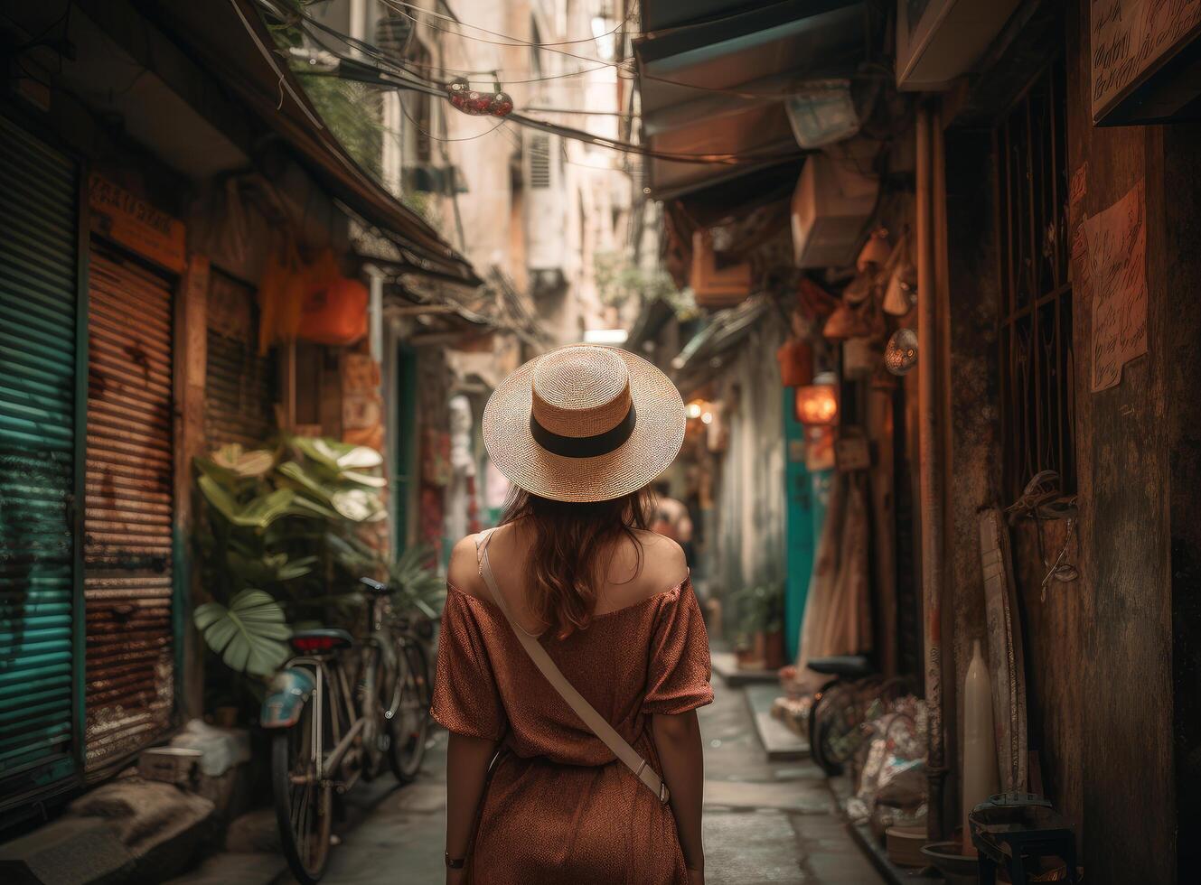 fille portant une chapeau comme elle des promenades dans le étroit rue. illustration ai génératif photo