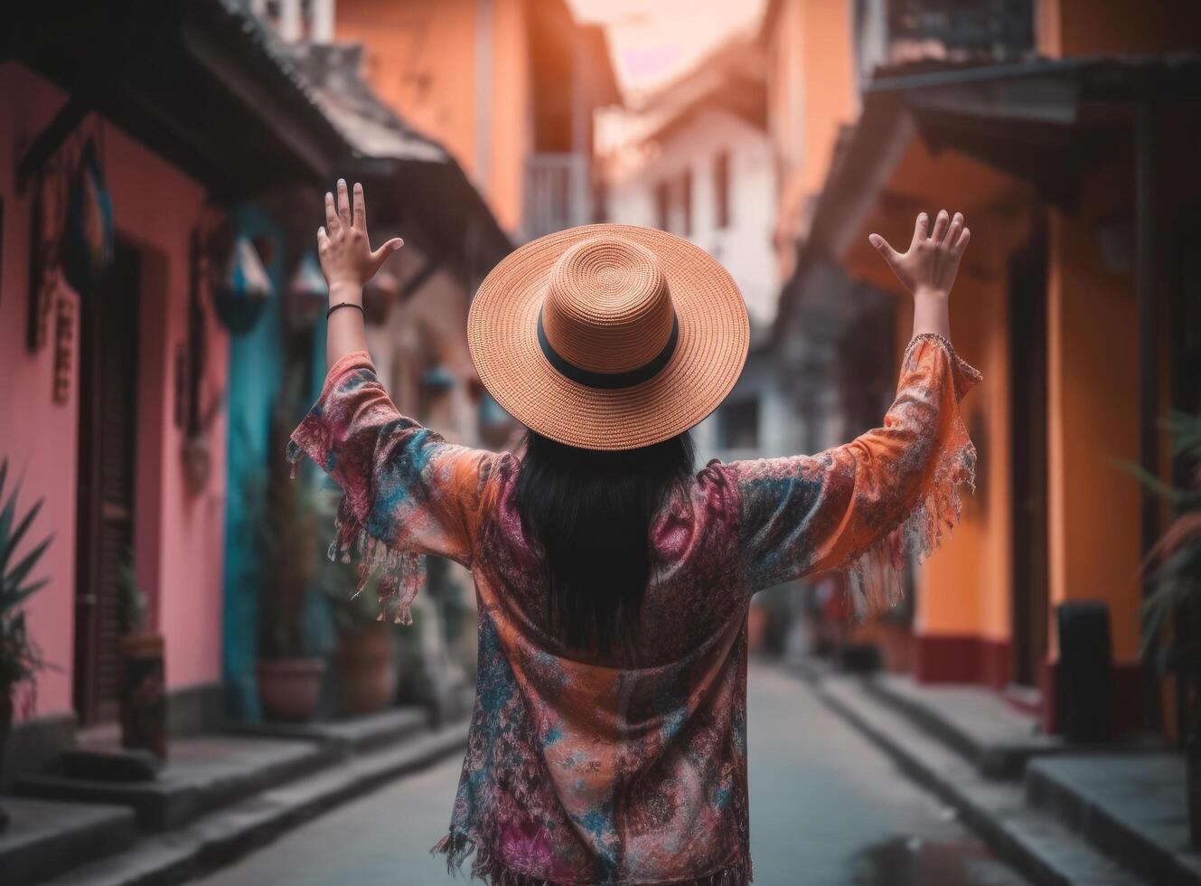 fille portant une chapeau comme elle des promenades dans le étroit rue. illustration ai génératif photo