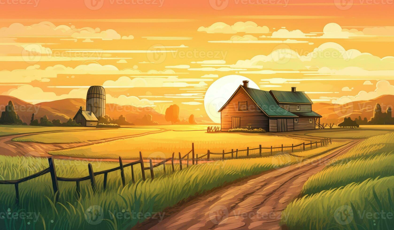 ferme dans lumière du soleil, ferme paysage illustration photo