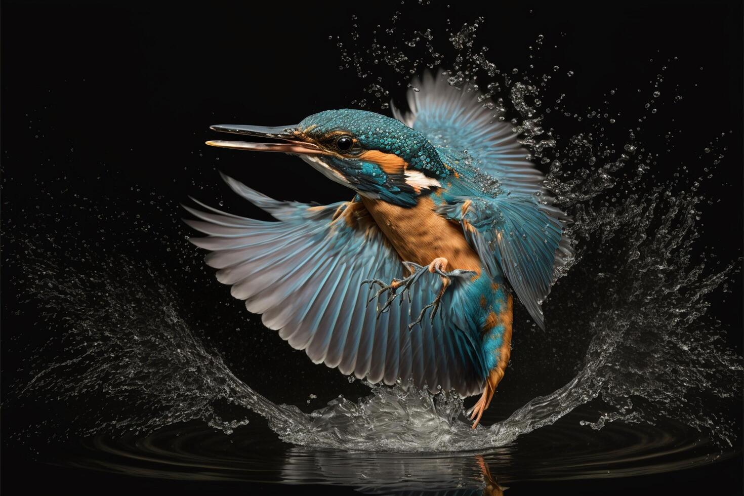 commun européen martin-pêcheur rivière martin-pêcheur en volant après émergente de l'eau avec pris poisson proie dans le bec ai génératif photo