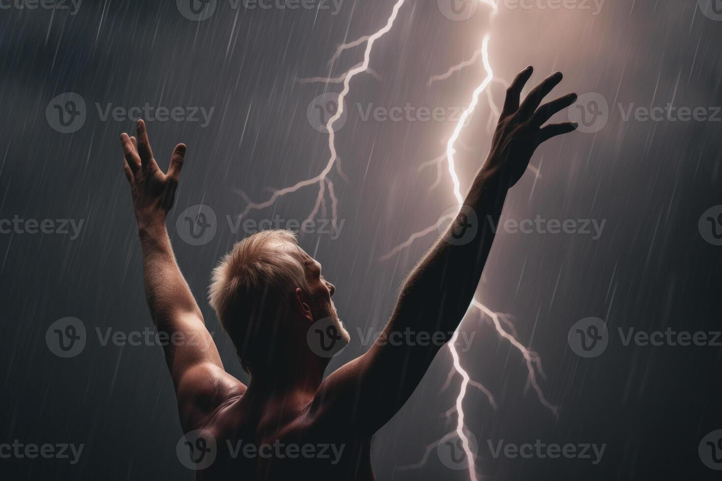 immortalité homme s'étire le sien bras en haut pendant une foudre orage génératif ai photo