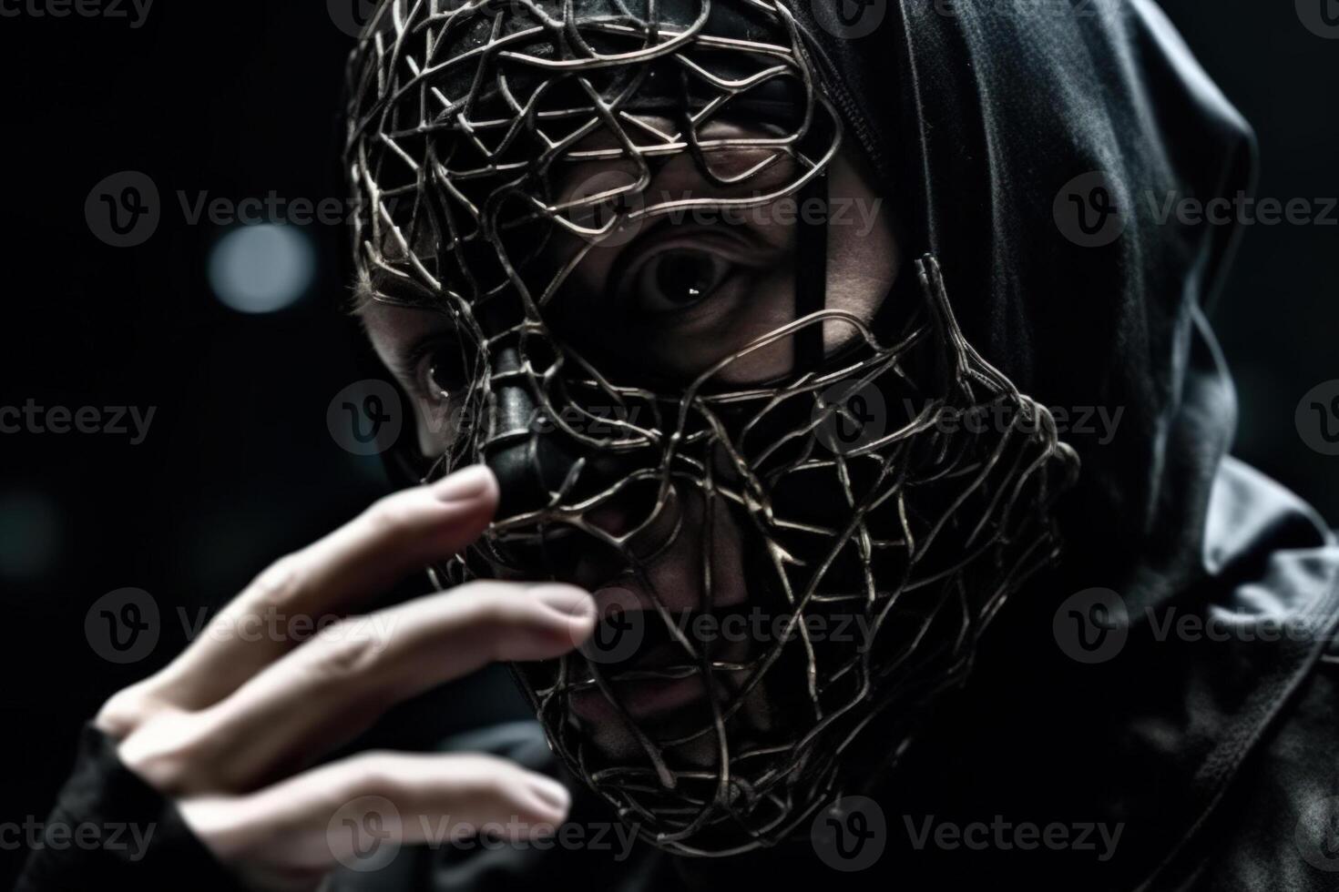 mystère homme dans noir masque dans foncé Contexte génératif ai photo