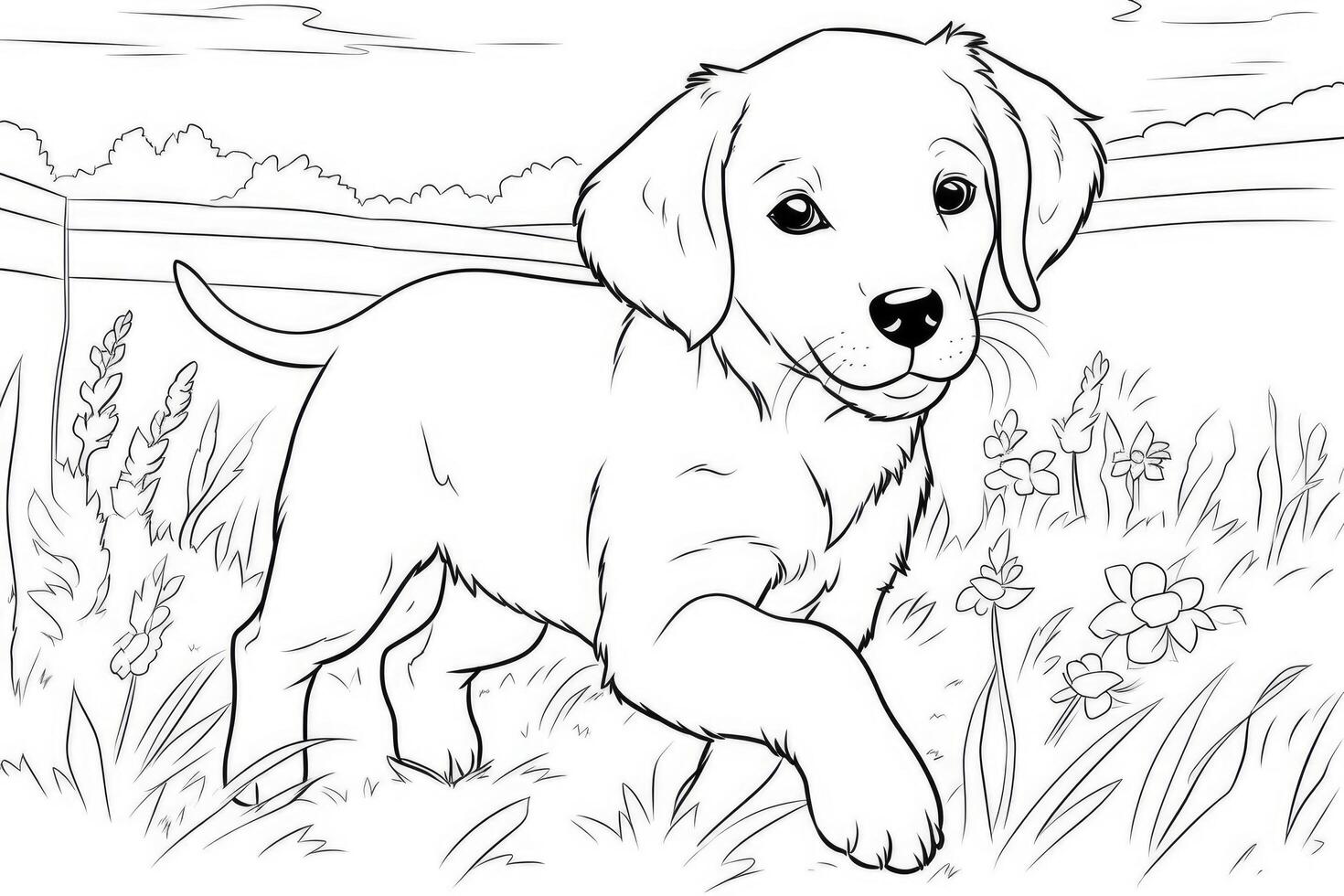 coloration page contour de dessin animé mignonne peu chiot chien. illustration coloration livre pour enfants. génératif ai photo