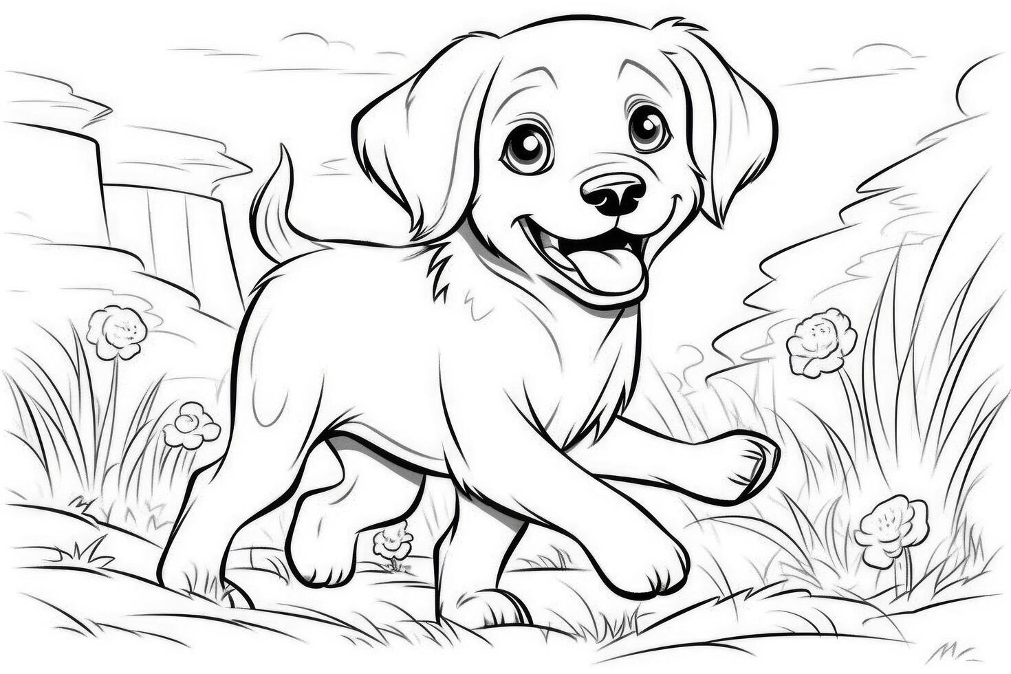 coloration page contour de dessin animé mignonne peu chiot chien. illustration coloration livre pour enfants. génératif ai photo