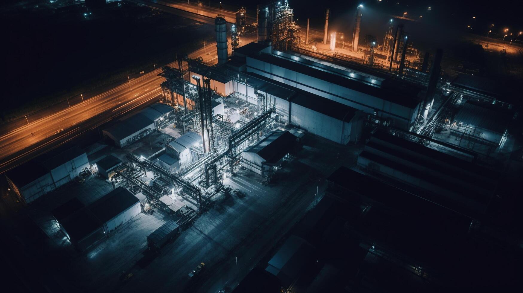 aérien vue de un pétrole entreprise dans le nuit ai généré photo