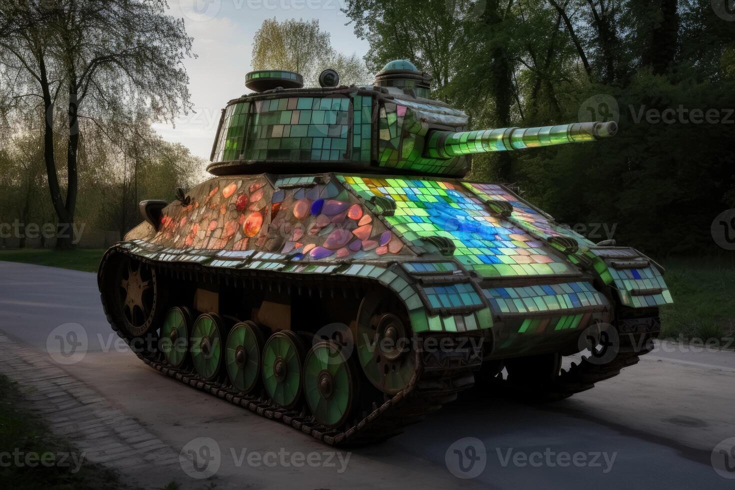 une militaire réservoir fabriqué de coloré verre sur une route établi avec génératif ai technologie. photo