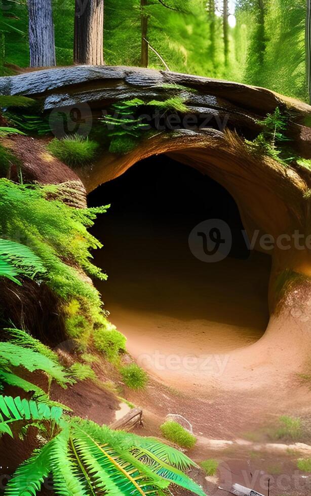 peu la grotte dans vert forêt avec ai généré photo