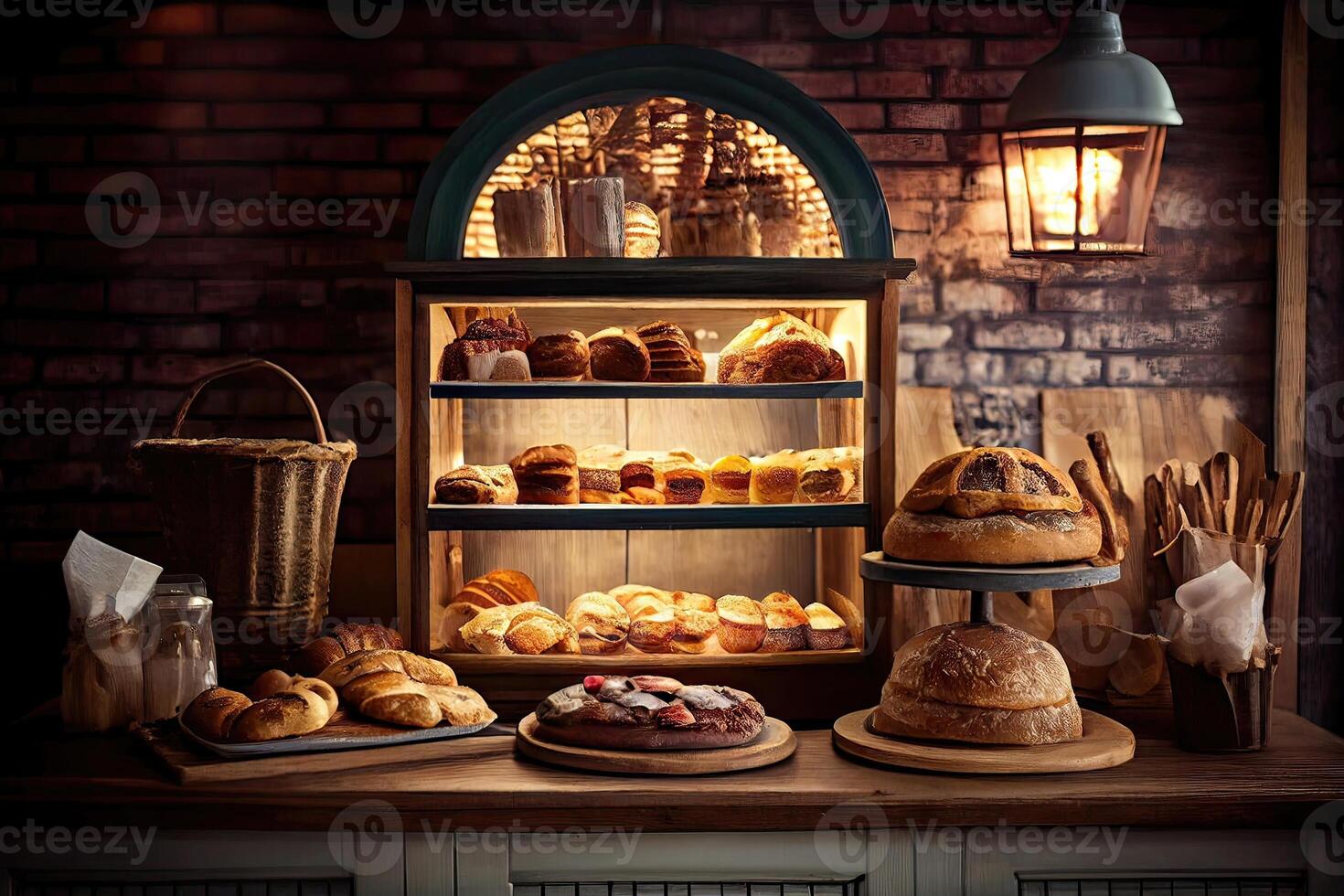 boulangerie intérieur avec afficher compteurs plein de délicieux pain et des pâtisseries. magasin une pâtisserie ou boulangerie avec des croissants, Pomme tartes, gaufres, et Churros. fraîchement cuit des pâtisseries. génératif ai photo