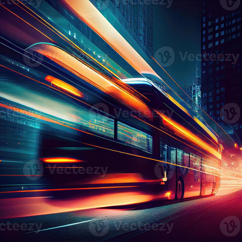 une autobus est en mouvement le long de une ville rue avec longue expositions de le lumières sur le autobus et le bâtiment derrière le train. le autobus transport système, grande vitesse. génératif ai photo