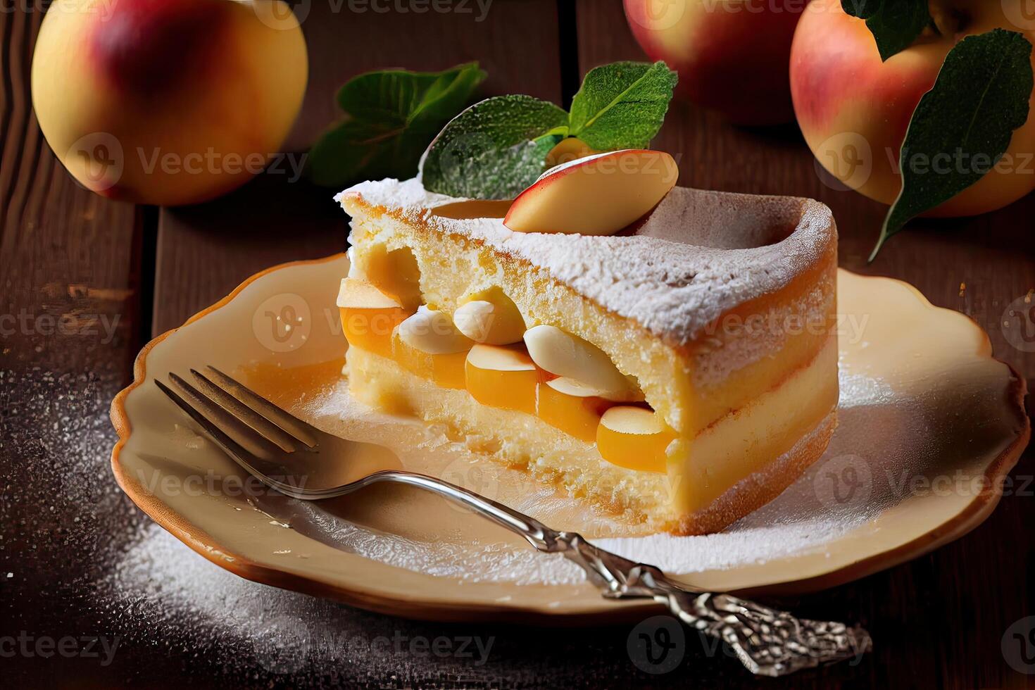 éponge gâteau ou mousseline de soie gâteau avec pommes, donc doux et délicieux avec Ingrédients œufs, farine, pommes sur en bois tableau. fait maison boulangerie concept pour Contexte et fond d'écran. génératif ai. photo