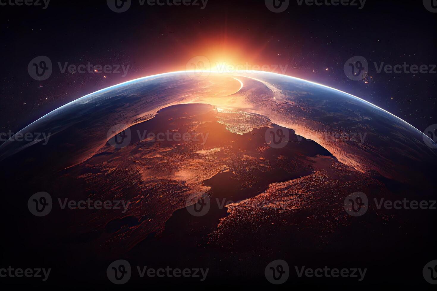 magnifique planète Terre vu de espace, aérien vue de lever du soleil et le coucher du soleil aérien voir. génératif ai photo