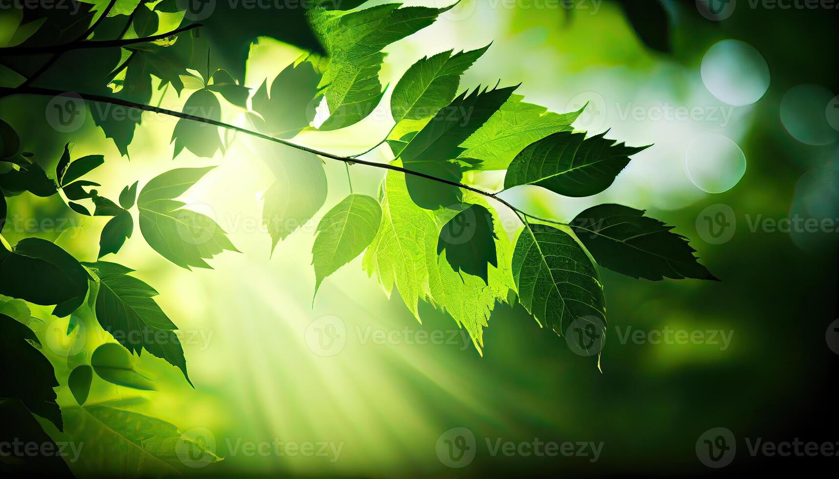 vert feuilles de une arbre contre le ciel. Soleil doux lumière par le vert feuillage de le arbre. printemps Naturel Contexte. Frais vert feuilles. génératif ai photo