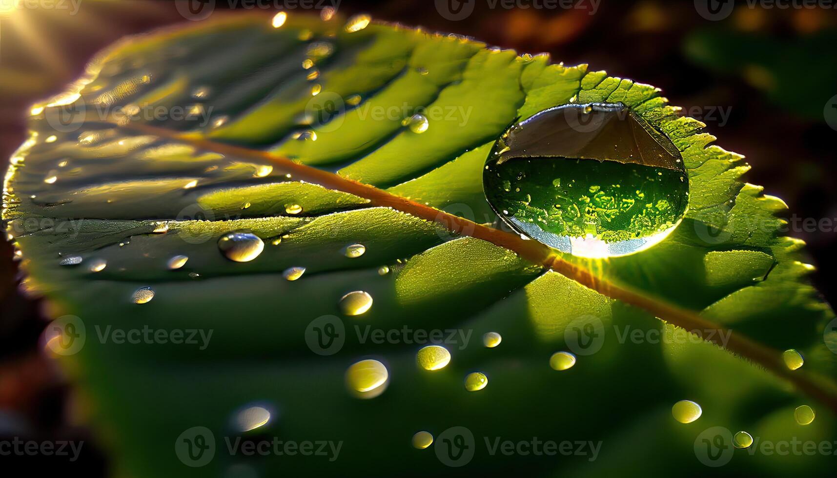 grand magnifique gouttes de transparent pluie l'eau sur une vert feuille macro. gouttes de rosée dans le Matin lueur dans le Soleil. magnifique feuille texture dans la nature. Naturel Contexte. génératif ai photo