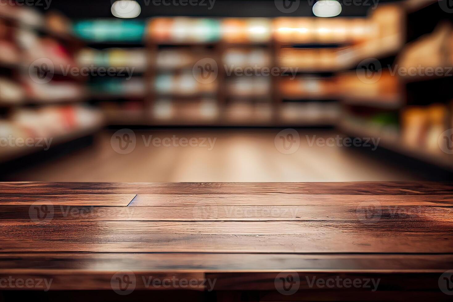 vide bois table Haut sur flou super marché. pouvez montage ou afficher votre des produits. vide bois table Haut sur étagère dans supermarché flou Contexte. génératif ai photo