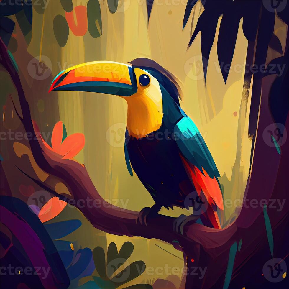 proche en haut sur un Orange et Jaune facture toucan oiseau, perché sur une tropique arbre branche. génératif ai photo