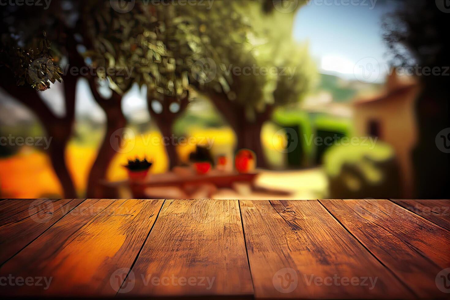 vide bois table avec gratuit espace plus de Orange des arbres, Orange champ Contexte. pour produit afficher montage. en bois table endroit de gratuit espace pour ton. génératif ai photo