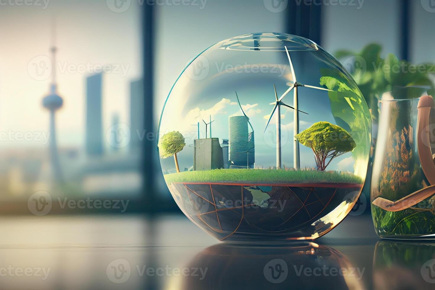 Terre cristal verre globe Balle et croissance arbre pose sur le tableau.  économie environnement, enregistrer nettoyer planète, écologie concept.  carte pour monde Terre journée. génératif ai. 22576367 Photo de stock chez  Vecteezy