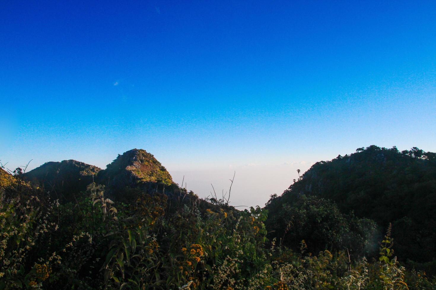 lever du soleil dans Matin avec ciel et nuage sur le calcaire Montagne. rayon du soleil avec brouillard et brouillard couverture le jungle colline dans Thaïlande photo