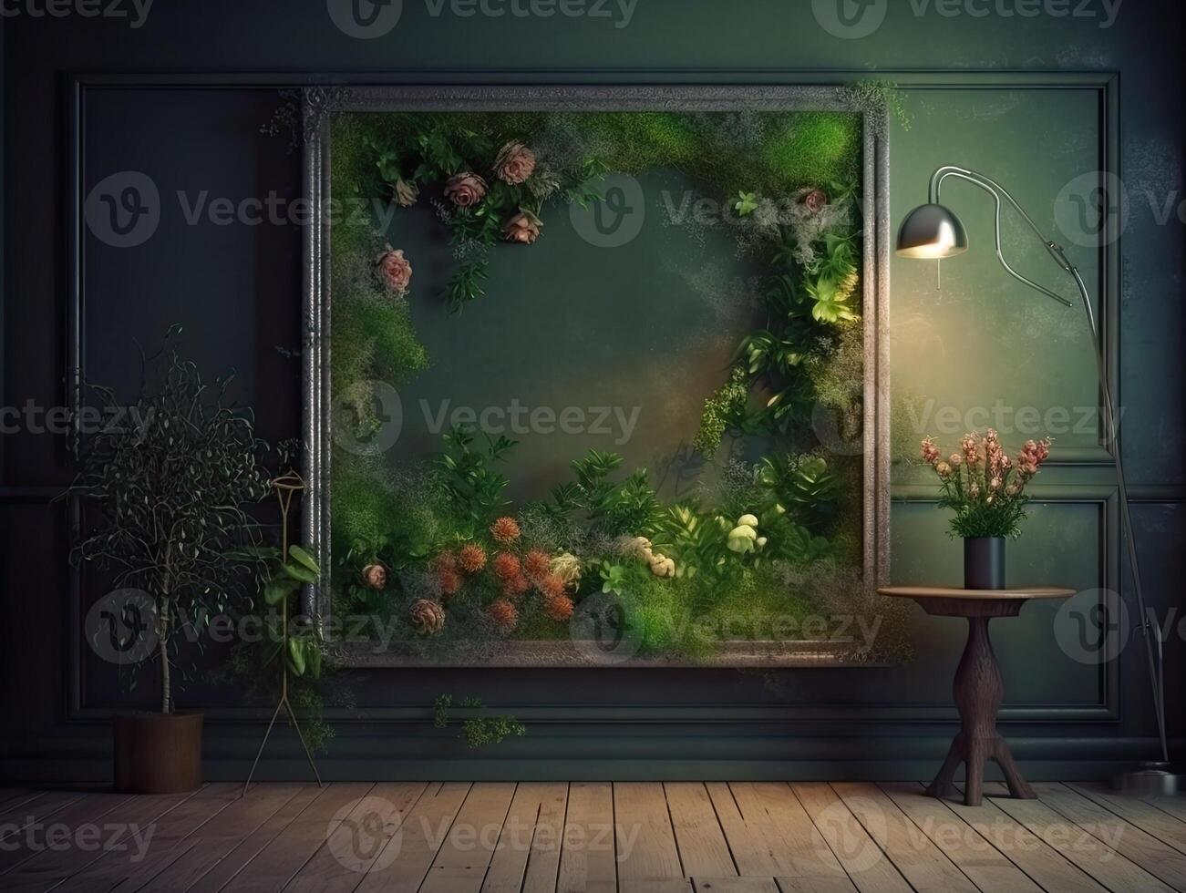 une vert mur avec fleurs et les plantes derrière une Vide cadre, dans le style de affiche, intérieur scènes, photobashing, écologiquement inspiré, Hinchel ou, d'inspiration industrielle, illustration génératif ai photo