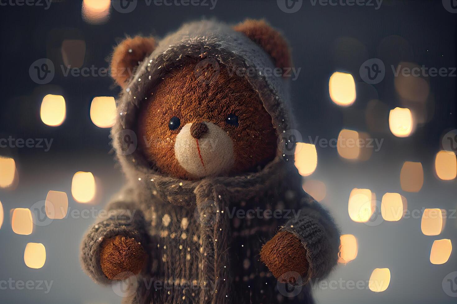 le jouet ours a été la gauche dans le hiver à le enfants Cour de récréation. une mignonne marron ours séance seul sur le neige pendant hiver temps. génératif ai photo