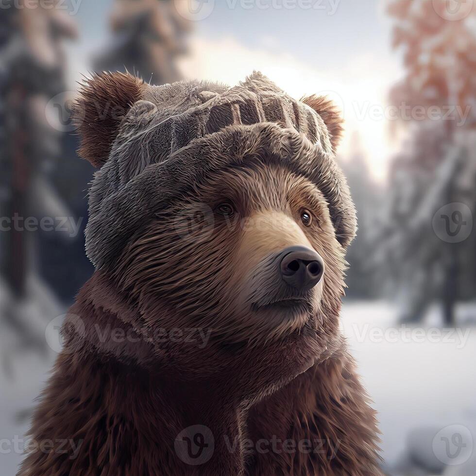le jouet ours a été la gauche dans le hiver à le enfants Cour de récréation. une mignonne marron ours séance seul sur le neige pendant hiver temps. génératif ai photo