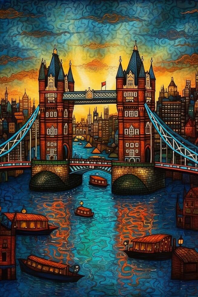 la tour pont dans Londres coloré art travail génératif ai photo